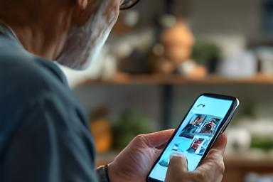 Senior man bekijkt digitale familiefoto's op smartphone met hulp van docent