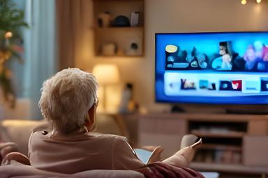 Senior vrouw kijkt naar smart TV met streaming apps in gezellige woonkamer